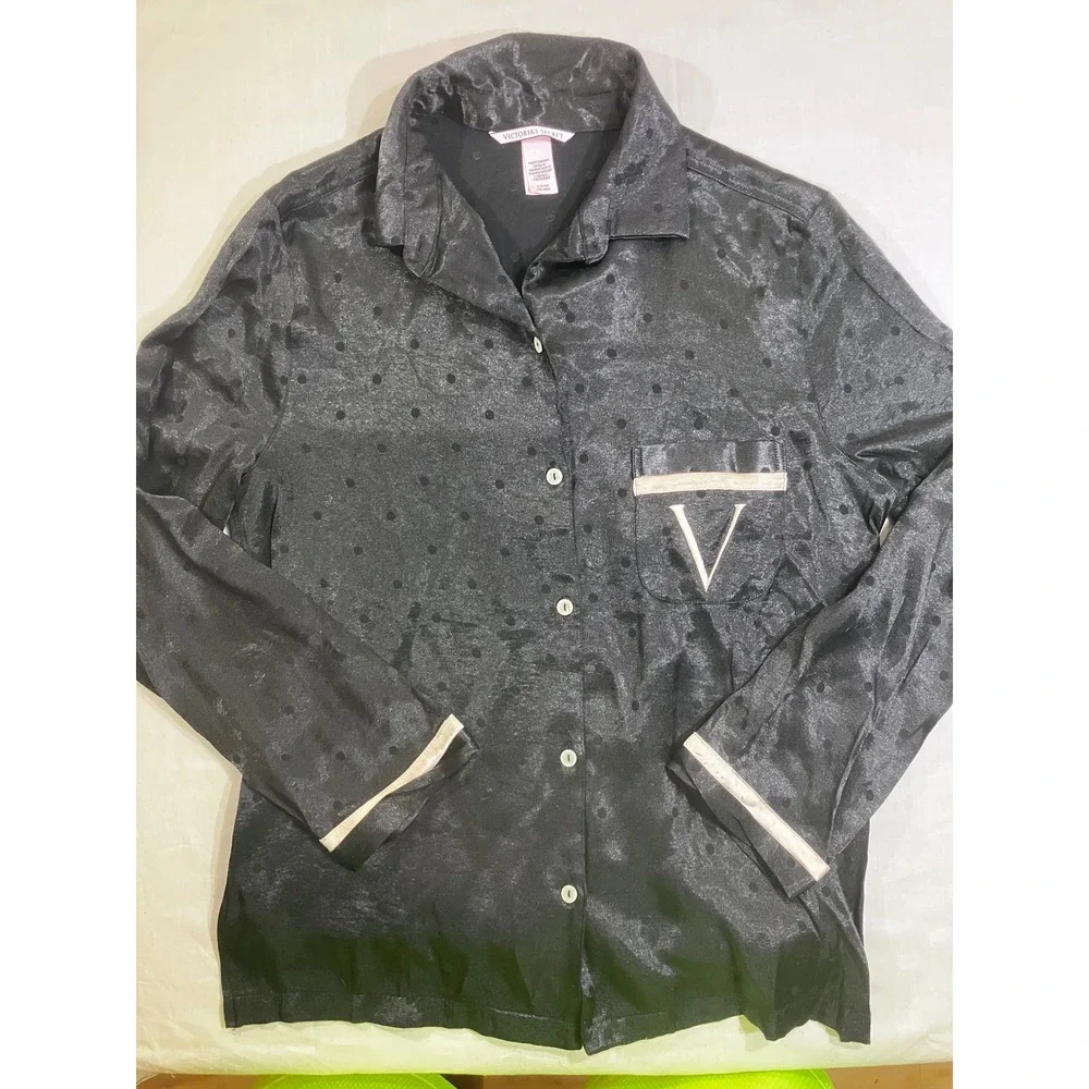 Victorias Secret Black Polka Dot Satin Pajama Set Long Sleeve Button Down‎ Small